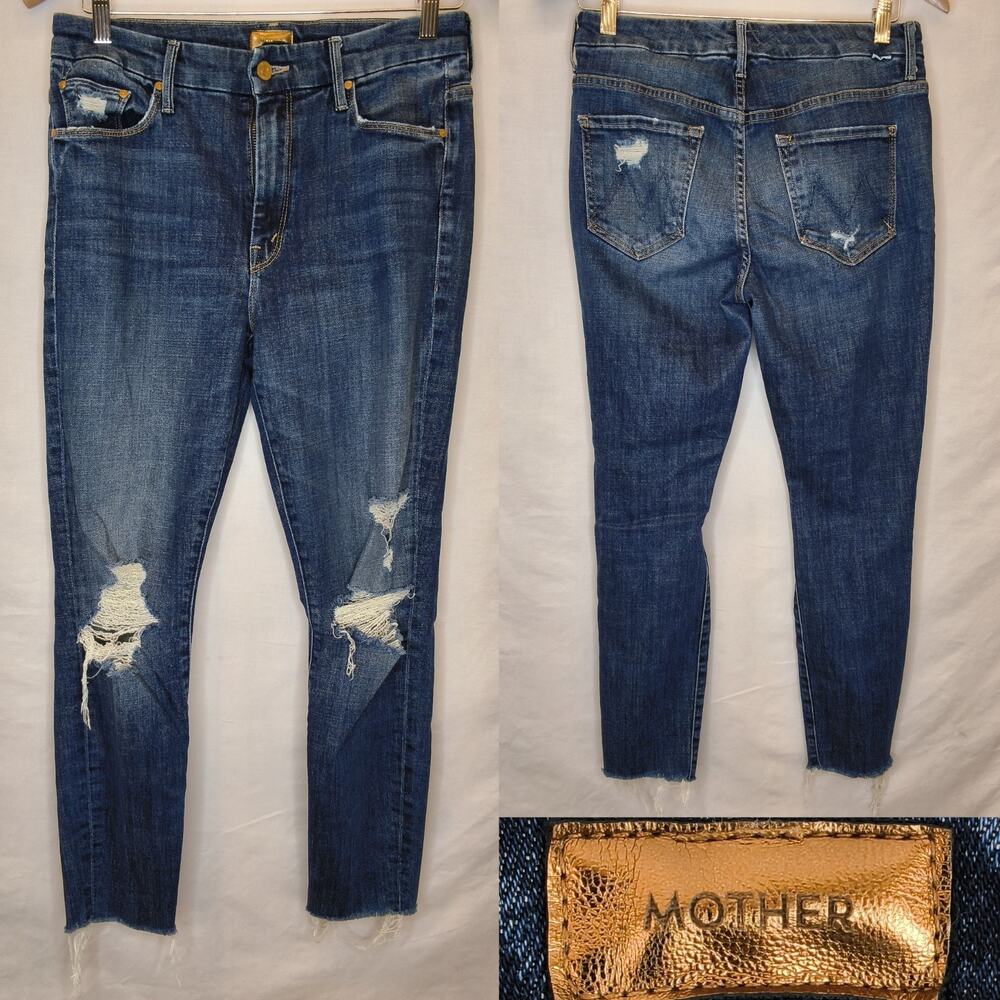 Mother High Waisted Looker Ankle Fray Blue Jeans Women's 29 Med. Wash #W5563